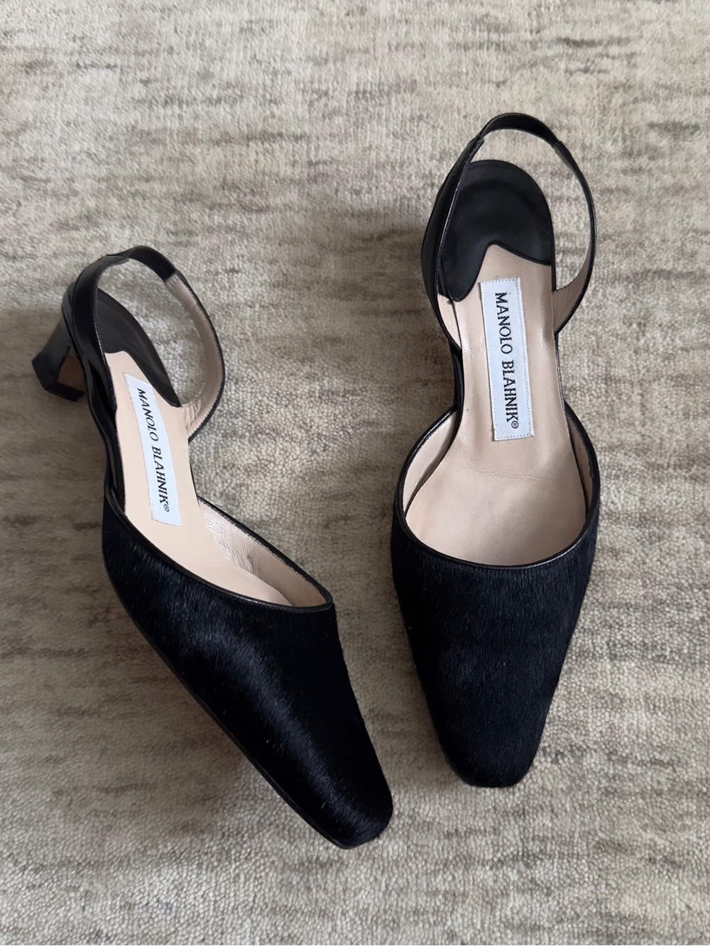 Vintage Manolo Blahnik black pony hair kitten slingback heels